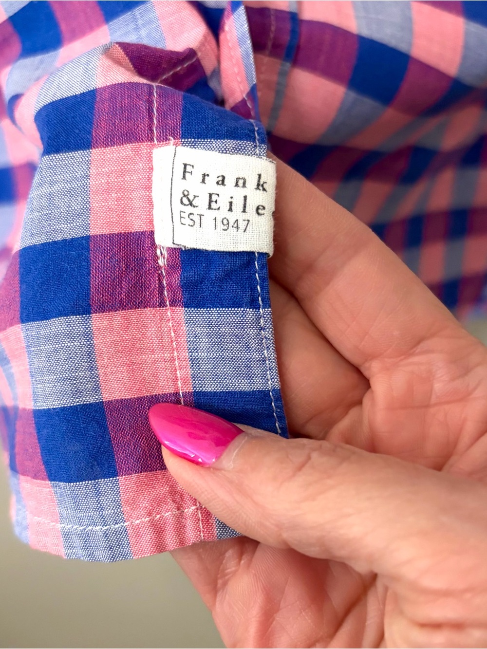 Frank & Eileen The Eileen Relaxed Button Up Shirt Italian Cotton Pink Blue Plaid - Picture 6 of 13
